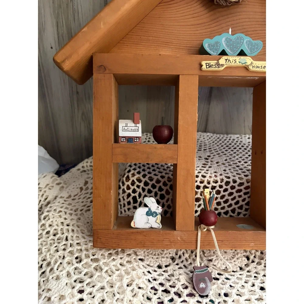 Vintage Wooden House Shadow Box Wall Shelf Country Farmhouse Decor Miniatures